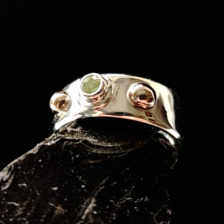 Moldavite ring with 14K gold nuggets